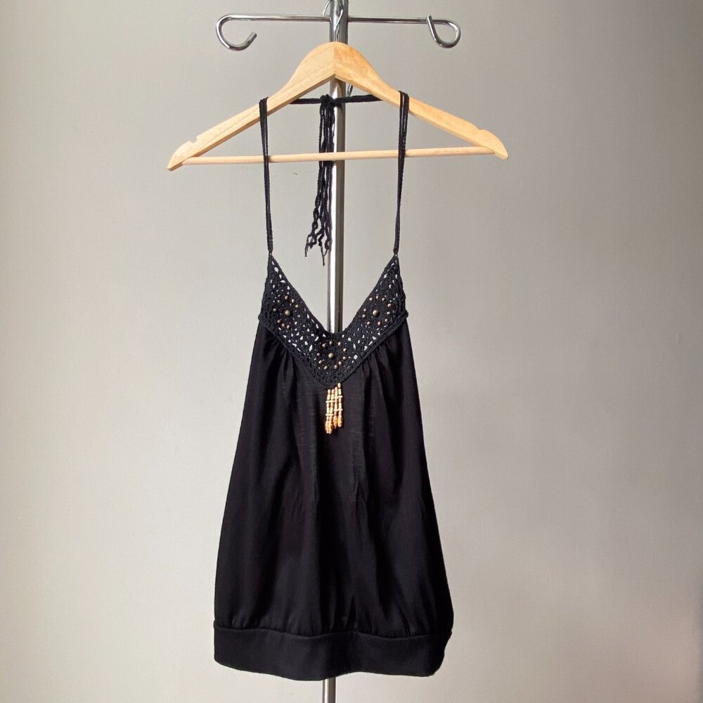 ☀️Y2K Vintage Black Boho Beach Halter Neck Top with Wood Beads